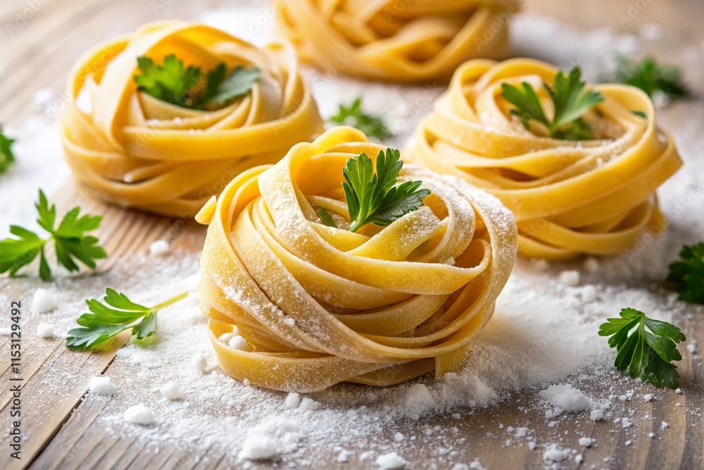Fresh Fettuccine Pasta with Flour & Parsley - Candid Food Photography Fresh Fettuccine Pasta with Flour & Parsley - Candid Food Photography