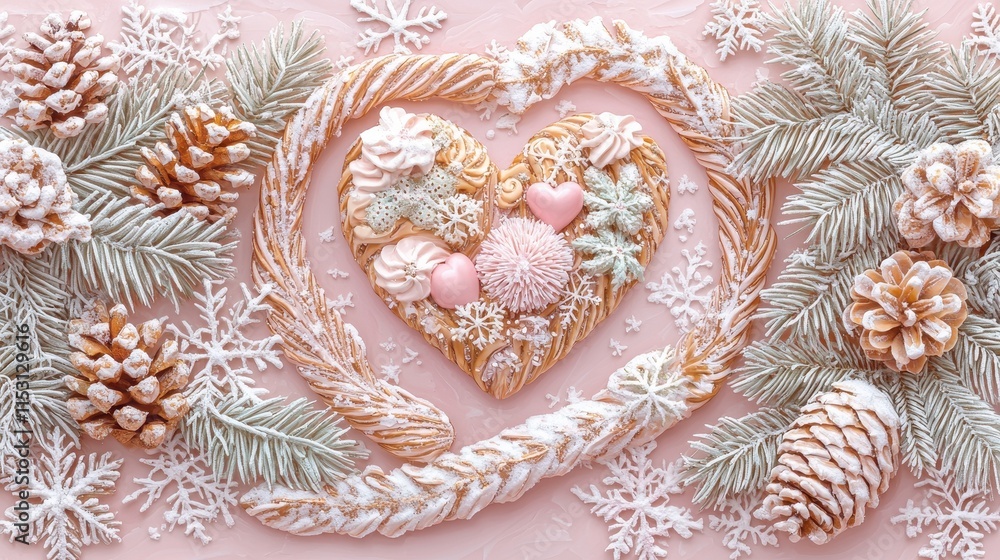 Obraz premium gentle illustration heart with snowflakes on a soft winter pink background 