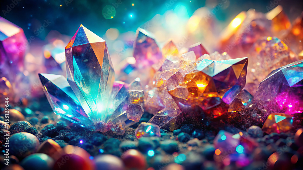 vibrant display of colorful crystals and gemstones, shimmering in various hues. scene captures beauty of nature treasures, evoking sense of wonder and tranquility vibrant display of colorful crystals and gemstones, shimmering in various hues. scene captures beauty of nature treasures, evoking sense of wonder and tranquility