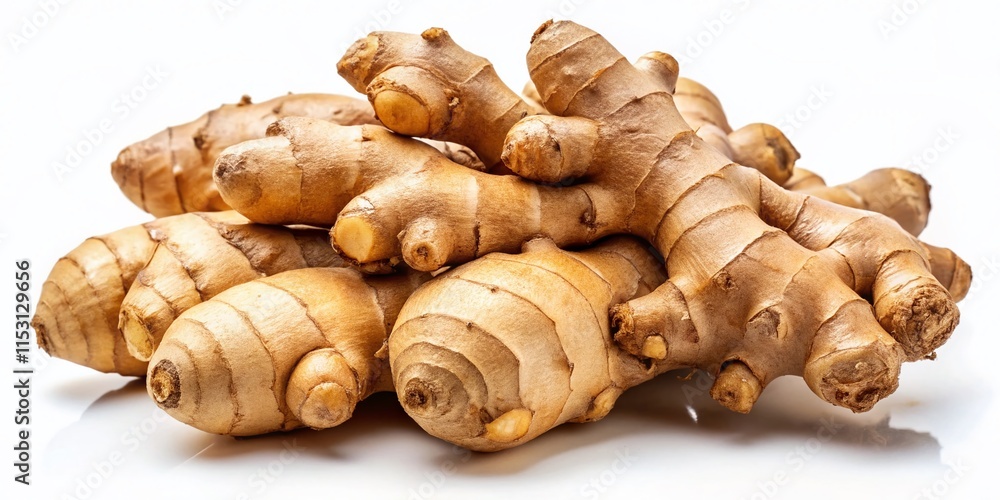 Fresh Ginger Root Close-Up: Detailed Fibrous Texture Isolated on White Background Fresh Ginger Root Close-Up: Detailed Fibrous Texture Isolated on White Background