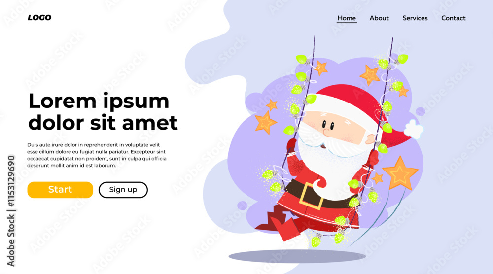 Fototapeta premium Cheerful Santa swinging on string of lights. Celebration and fun concept. Vector illustration can be used for banner design or landing page
