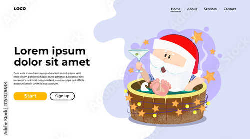 Cartoon Santa drinking cocktail and having outdoor bath at spa resort. Christmas vacation concept. Vector illustration can be used for landing page design