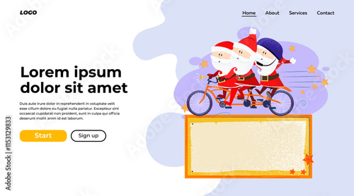 Christmas landing page design. Company of Santa Clauses riding bike for three. Vector illustration can be used for landing page template or banner design