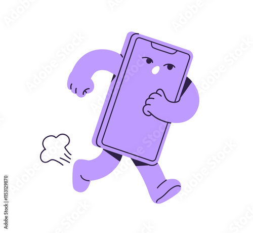 Cute delayed smartphone mascot is rushing, hurry up. Funny mobile phone runs fast to get in time. Busy telephone is late, overdues deadline. Flat isolated vector illustration on white background