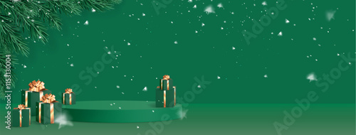 Green Christmas scene with circular podium - decorated presents with golden ribbons, fir branches in corner and falling snowflakes. Winter holiday product showcase or seasonal retail displays.