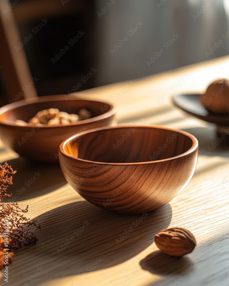 Sunlit Wooden Bowls on Tabletop: A Still Life of Warmth and Tranquility Sunlit Wooden Bowls on Tabletop: A Still Life of Warmth and Tranquility