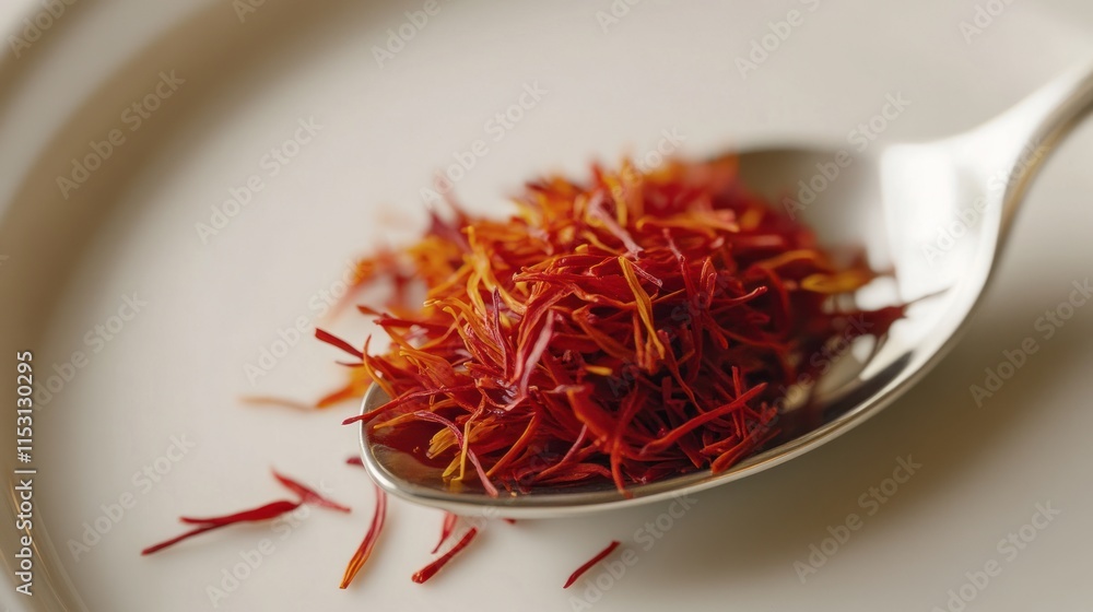 Fototapeta premium Close-up of Saffron Spice in a Teaspoon on a White Plate