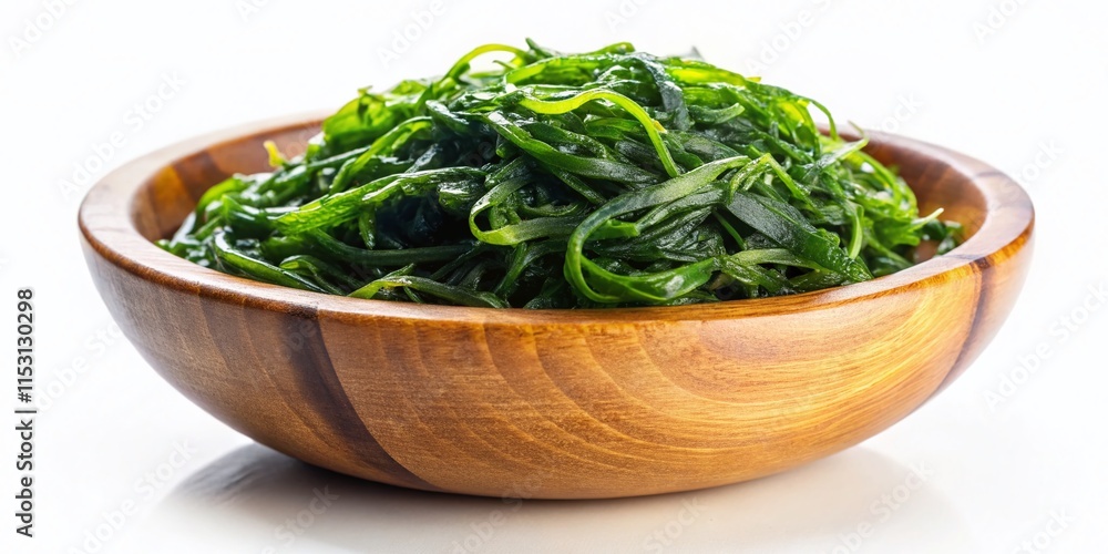 Fresh Hijiki Seaweed in Wooden Bowl, Isolated on White Background - Organic Healthy Food Fresh Hijiki Seaweed in Wooden Bowl, Isolated on White Background - Organic Healthy Food