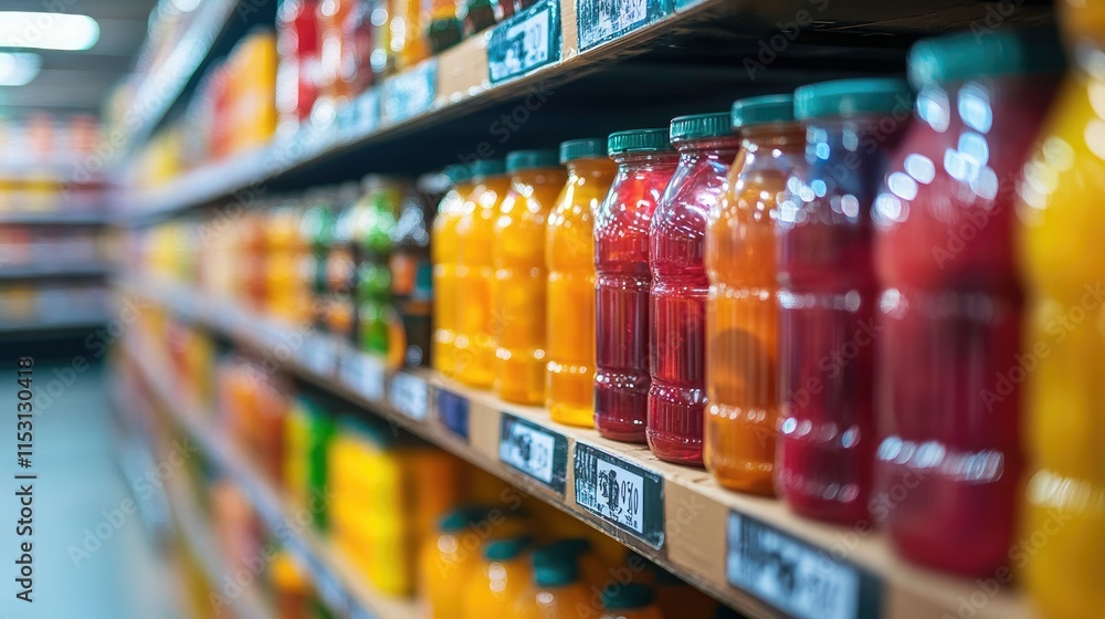 Vibrant Grocery Aisle: Colorful Jars of Preserves and Juices Vibrant Grocery Aisle: Colorful Jars of Preserves and Juices