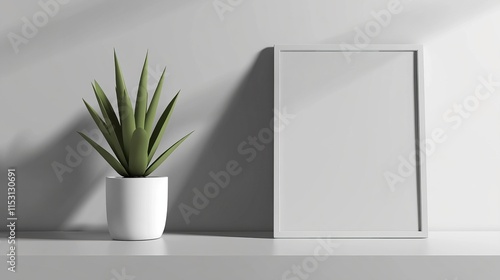 Small Indoor Plant in White Pot Beside Empty Frame on Modern Light-Toned Shelf photo