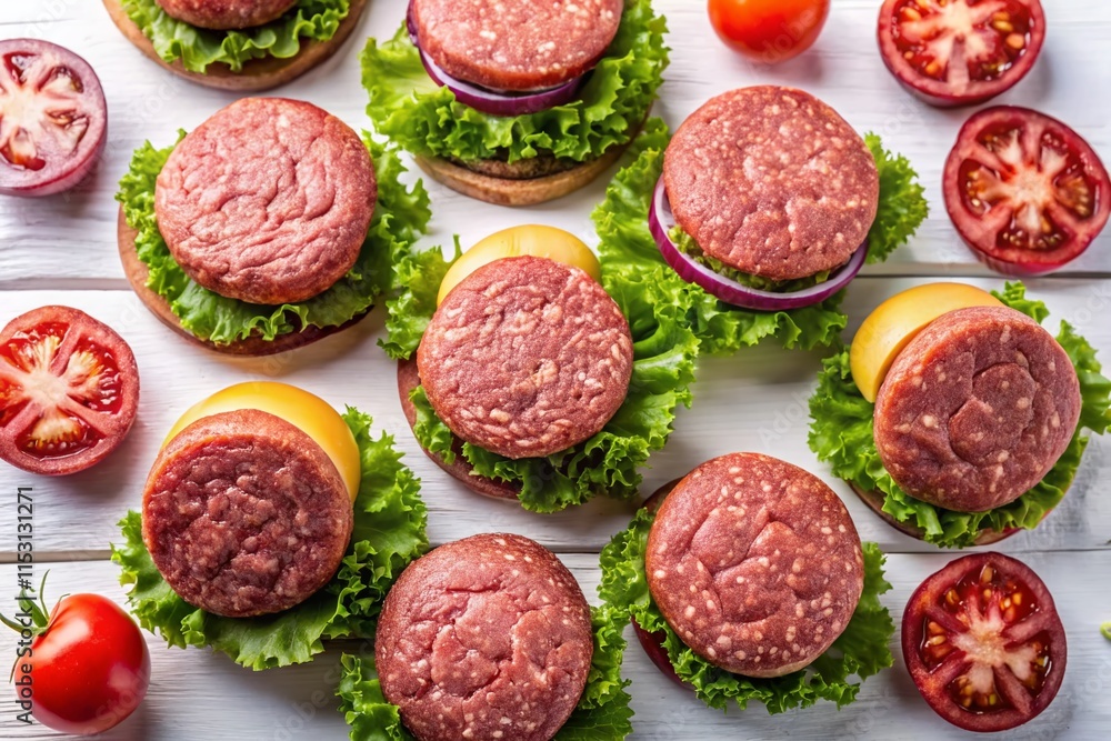 Fresh Raw Burger Patties Aerial View - White Background Stock Photo Fresh Raw Burger Patties Aerial View - White Background Stock Photo