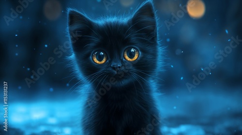 Black kitten with orange eyes and glowing dots on a blue background.Mystery. Curiosity. Nighttime wonder.Halloween posters, pet-themed cards, cozy night designs.


