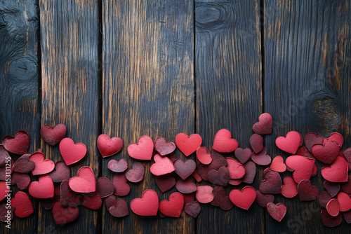 Rustic Wooden Background with Scattered Red Hearts for Romantic Themes