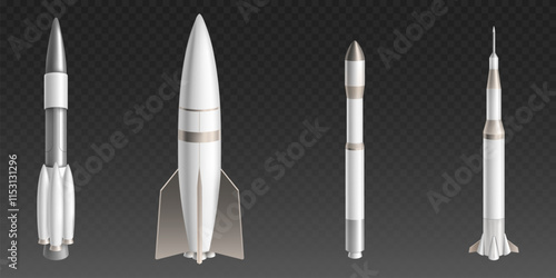 3D space rockets set isolated on transparent background. Vector realistic illustration of modern spacecraft technology, vertical spaceship ready for start, astronaut shuttle launch, missile mockup