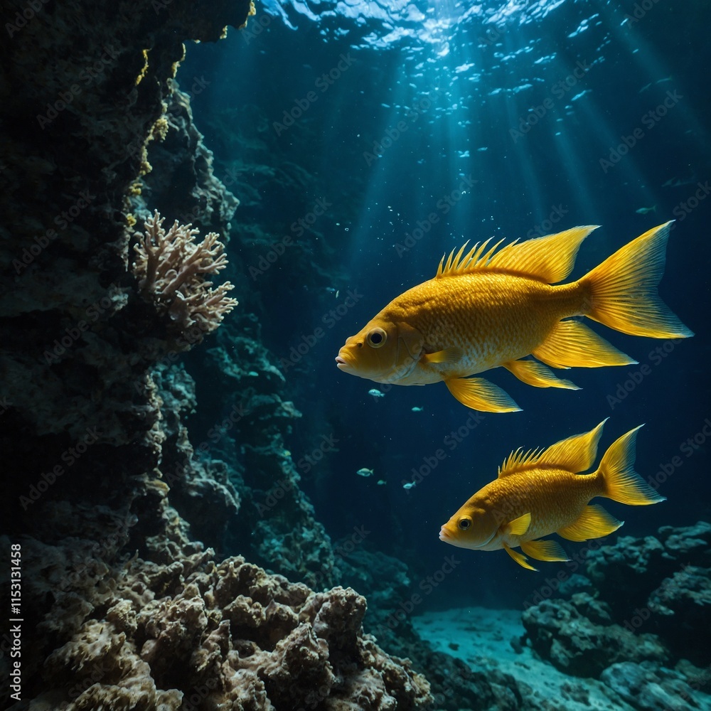 A golden-furred fish swimming gracefully near a glowing underwater cavern. A golden-furred fish swimming gracefully near a glowing underwater cavern.