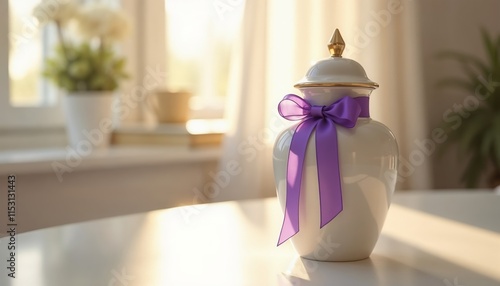 White memorial urn with purple ribbon on light table, soft lighting.Elegance. Memory. Serene reflections.Memorial services, tribute designs, mourning decor ideas.


