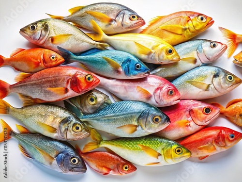 Fresh Seafood: Assorted Fish Arranged on White Background with Copy Space for Restaurant Menu or Recipe photo