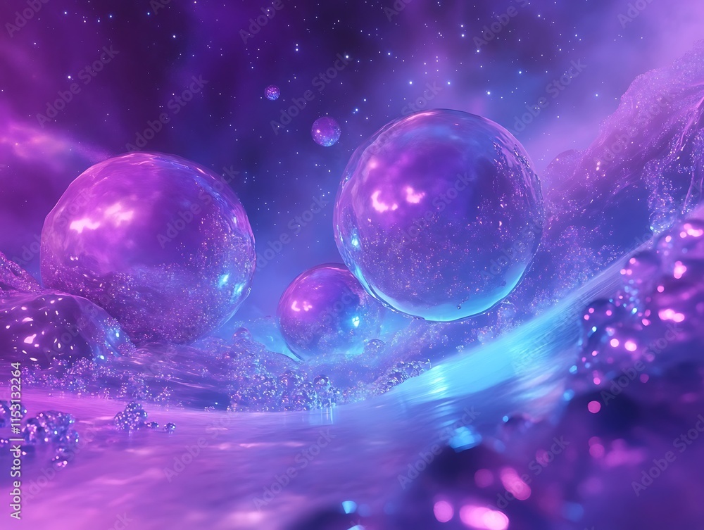 Fototapeta premium Vibrant Cosmic Spheres Drifting Mysteriously Through a Dreamlike Nebula: Digital Painting in a Futuristic Style. AI Generated