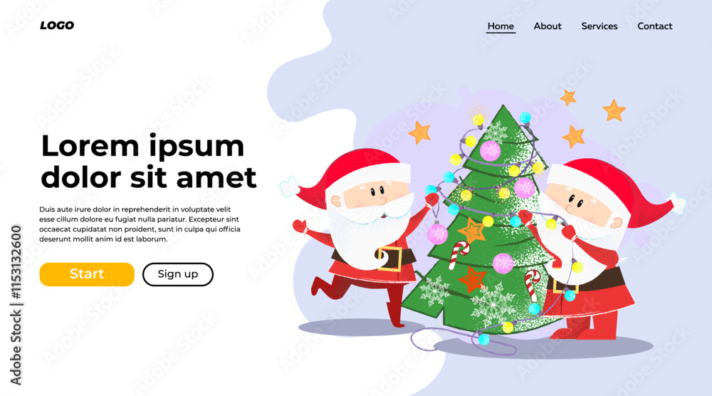 Fototapeta premium Two Santa Clauses decorating Christmas tree. Celebrating and party concept. Vector illustration can be used for banner design or landing page