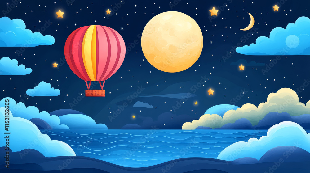 Air balloon flying above sea water at night sky with full moon, stars and clouds scenery background. Aerial travel with beautiful ocean landscape view. Journey, adventure Cartoon vector illustration Air balloon flying above sea water at night sky with full moon, stars and clouds scenery background. Aerial travel with beautiful ocean landscape view. Journey, adventure Cartoon vector illustration