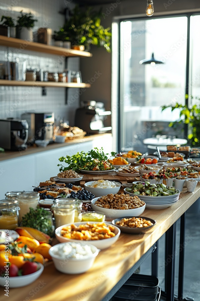 A bright office kitchen with a table full of breakfast foods like yogurt A bright office kitchen with a table full of breakfast foods like yogurt
