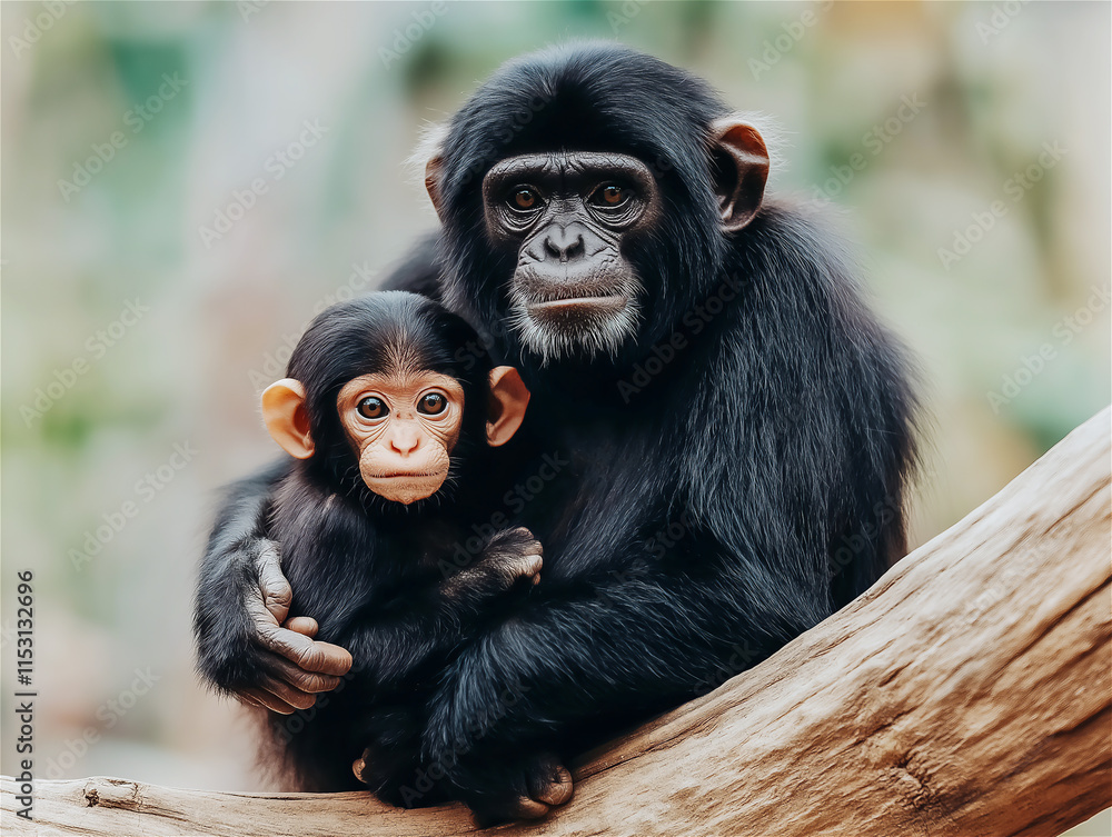 A chimpanzee mother holding her baby, conveying strong maternal bonds and the beauty of wildlife in a natural forest habitat under soft daylight.
