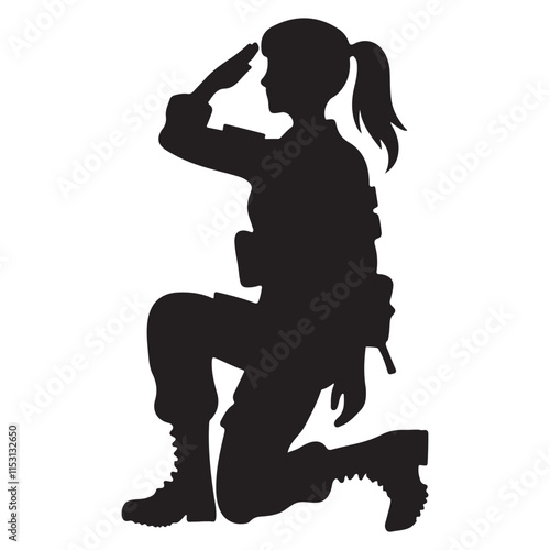 Silhouette of a Female Soldier Kneeling and Saluting