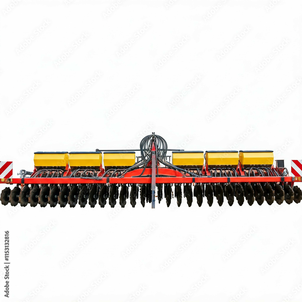 agricultural seeder machine with yellow and red parts isolated on white background agricultural seeder machine with yellow and red parts isolated on white background
