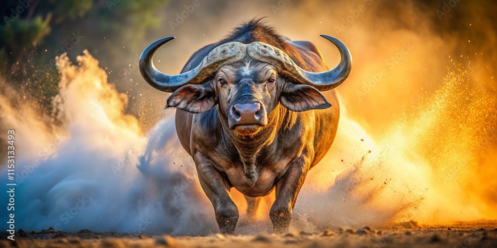 Furious Cape Buffalo Charge, Dust Cloud, Bokeh, Wildlife, Africa Furious Cape Buffalo Charge, Dust Cloud, Bokeh, Wildlife, Africa