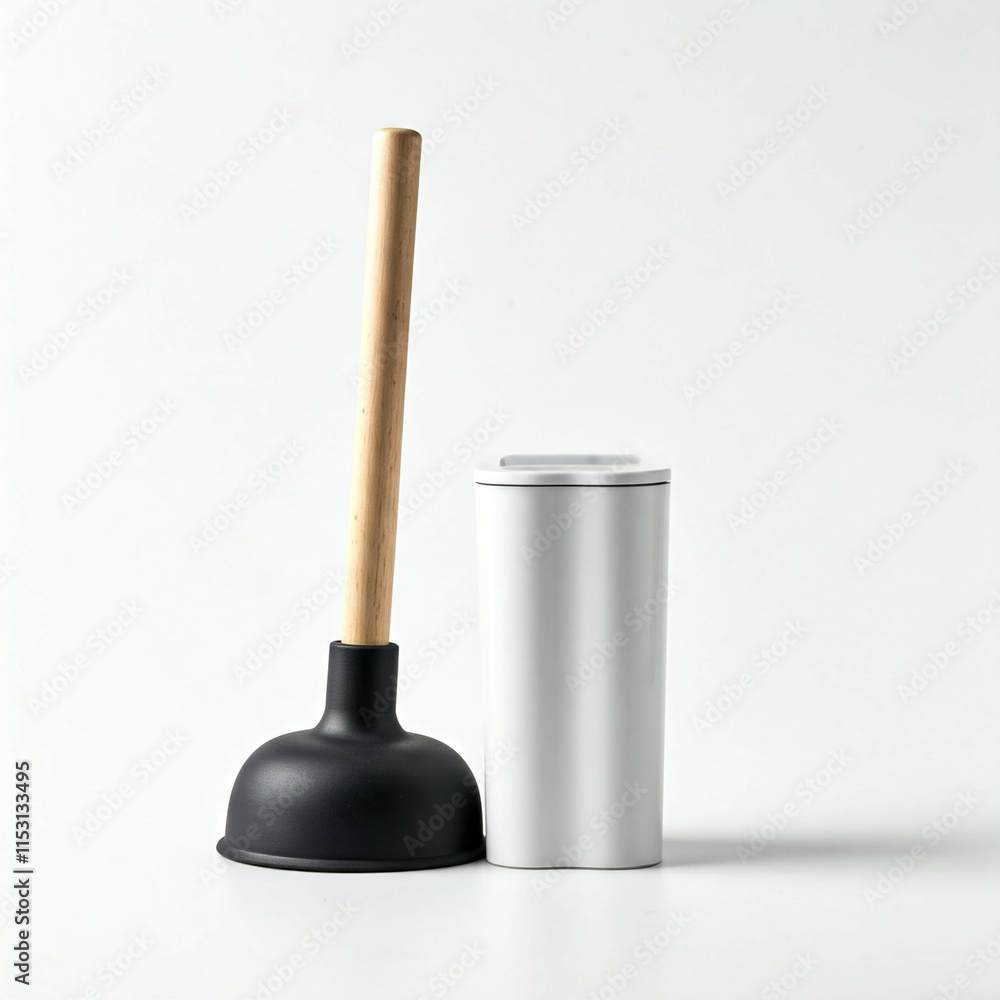 Fototapeta premium black and white plunger and white bathroom container isolated against a white background