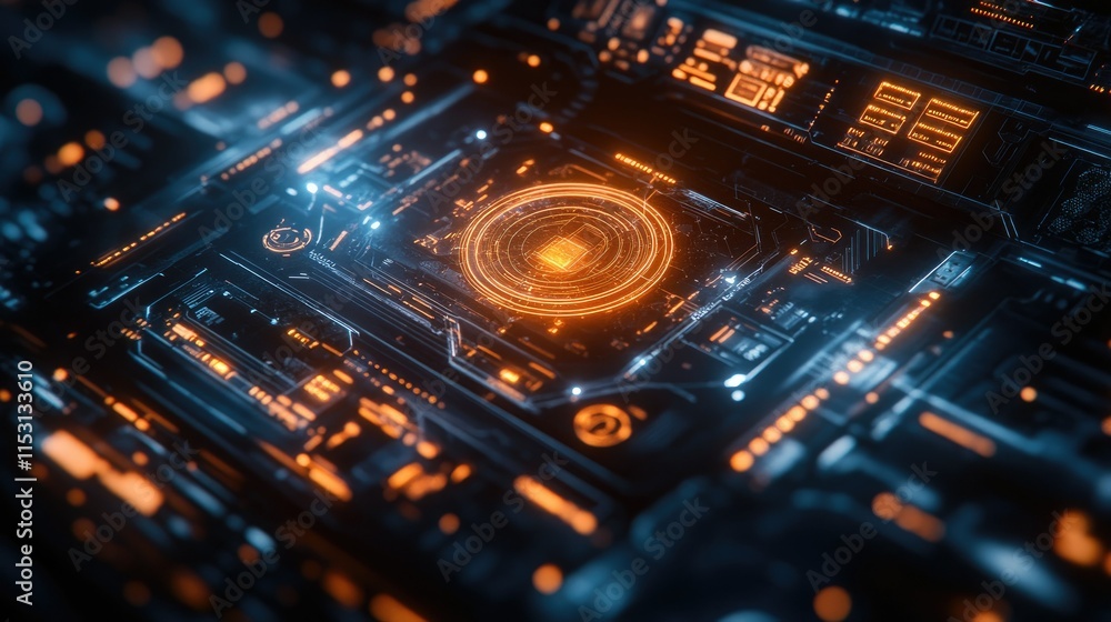 Futuristic Circuit Board: Glowing Orange and Blue Digital Technology Futuristic Circuit Board: Glowing Orange and Blue Digital Technology