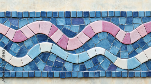 Mosaic pattern with marine design - blue and pink square tiles arranged in curved waves. Realistic 3d vector border of swimming pool decoration, bathroom surface, Mediterranean style interior element.