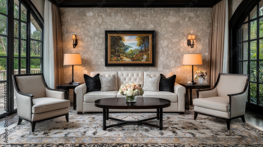 Elegant and Cozy Living Room with Stylish Furniture and Scenic Wall Art Elegant and Cozy Living Room with Stylish Furniture and Scenic Wall Art