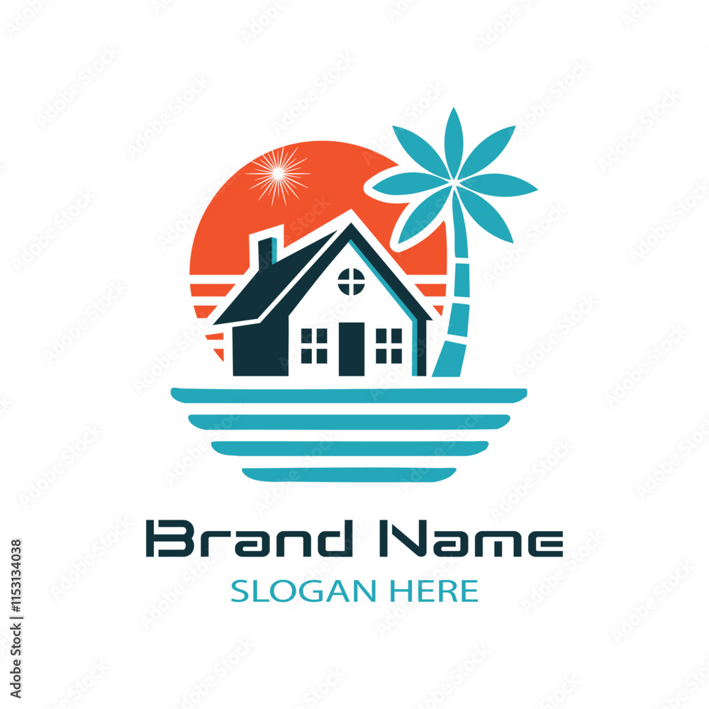 Modern coastal living emblem with waves and sunset design vector Modern coastal living emblem with waves and sunset design vector