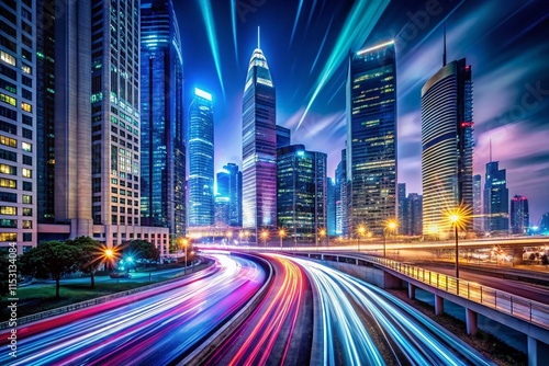 Futuristic City Nightscape: Minimalist Speed Light Trails & Neon Architecture