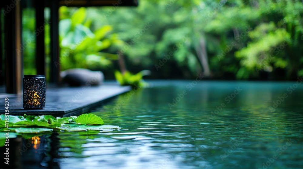 Naklejka premium Tranquil Water Surface with Lantern and Lush Greenery in Serene Oasis Setting
