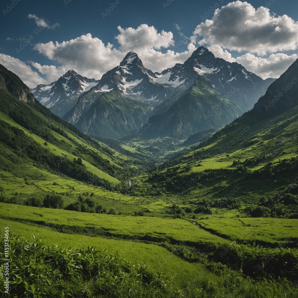 Fototapeta premium A lush green valley surrounded by towering mountain peaks.