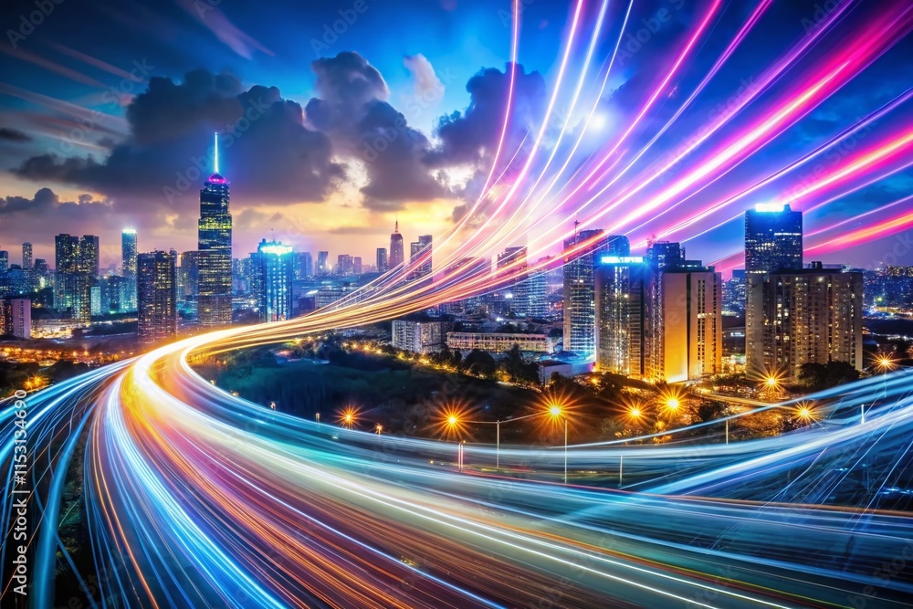 Fototapeta premium Futuristic Double Exposure: High-Speed Internet Data Lines & City Lights