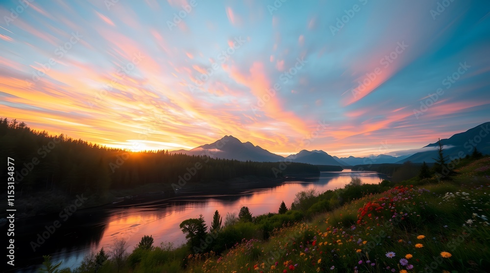 Obraz premium Spring Forest Mountain River in Sunset