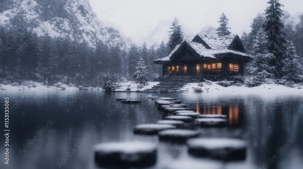 Fototapeta premium Cozy Winter Cabin by the Lake Surrounded by Snowy Mountains and Evergreen Trees