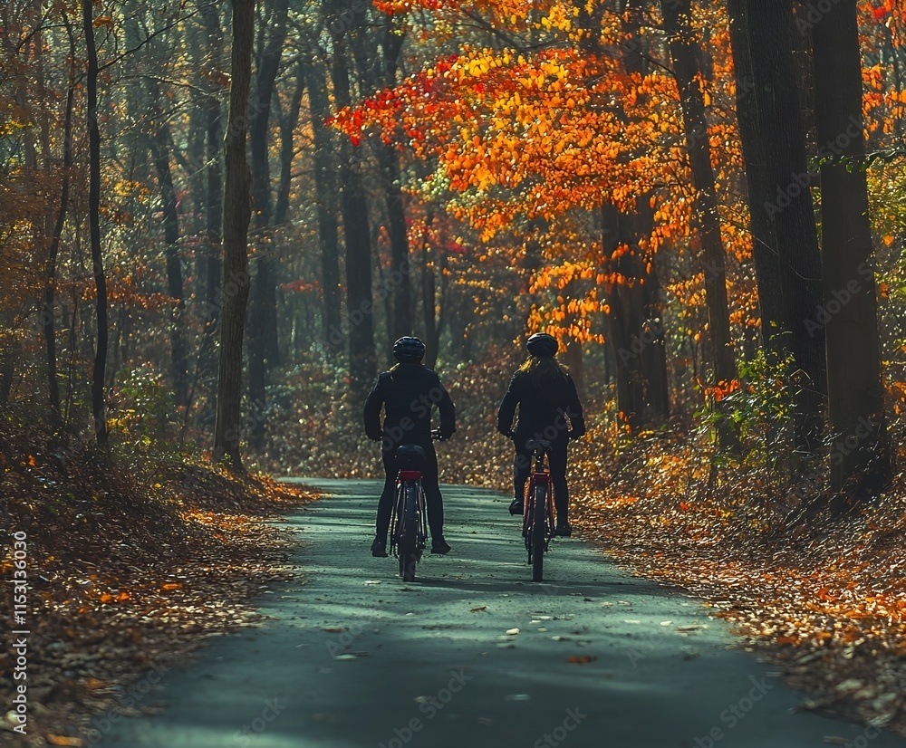 A couple strolls along a leaf-strewn path in a vibrant autumn park, surrounded by colorful trees A couple strolls along a leaf-strewn path in a vibrant autumn park, surrounded by colorful trees