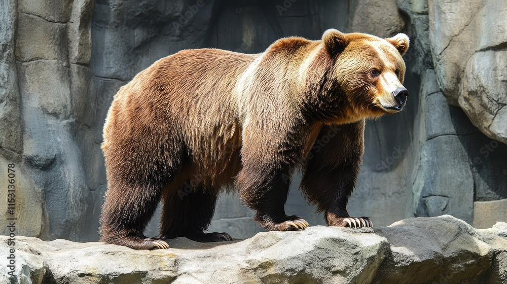 Obraz premium A brown bear standing on a rock in a naturalistic setting.
