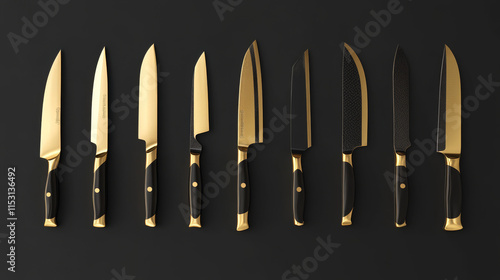 Fototapeta Naklejka Na Ścianę i Meble -  Kitchen knives, chef cutlery for cooking, cutting and carving food. Vector realistic set of 3d knives different types with golden sharp blades and black handles isolated on background