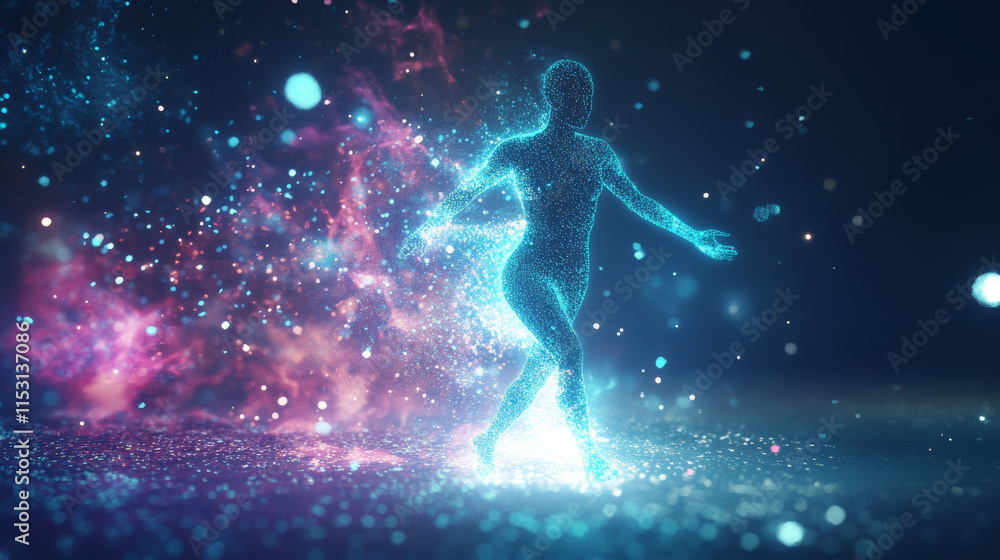 Hologram running. Running for health. Flickering energy flux of particles. The scientific design of the sport. Hologram running. Running for health. Flickering energy flux of particles. The scientific design of the sport.