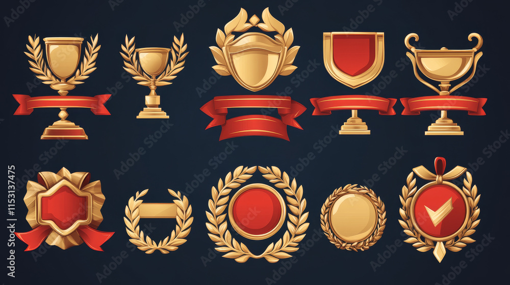 Golden game award shields, badges, level ui icons. Empty gold frames with red banners and laurel wreaths. Isolated bonus graphic elements, reward, trophy achievement and prize, Cartoon vector set Golden game award shields, badges, level ui icons. Empty gold frames with red banners and laurel wreaths. Isolated bonus graphic elements, reward, trophy achievement and prize, Cartoon vector set