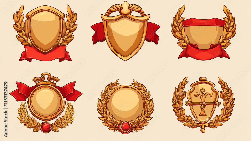 Golden game award shields, badges, level ui icons. Empty gold frames with red banners and laurel wreaths. Isolated bonus graphic elements, reward, trophy achievement and prize, Cartoon vector set Golden game award shields, badges, level ui icons. Empty gold frames with red banners and laurel wreaths. Isolated bonus graphic elements, reward, trophy achievement and prize, Cartoon vector set