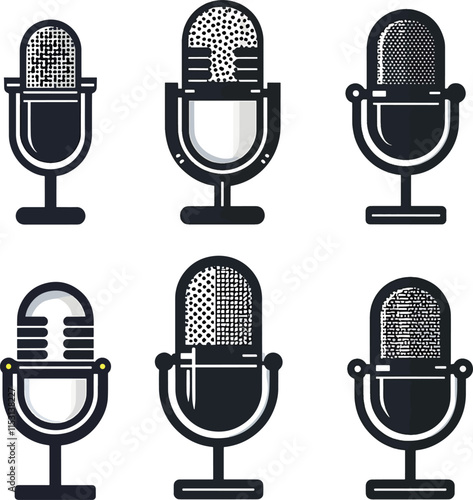 Vintage Microphone Icons Set for Podcast or Music Design