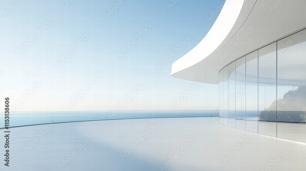 Obraz premium A white, minimalist, modern house with large glass windows overlooking the sea
