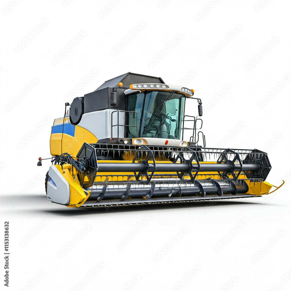 Obraz premium yellow and white modern combine harvester farm equipment isolated on white background 3d rendering