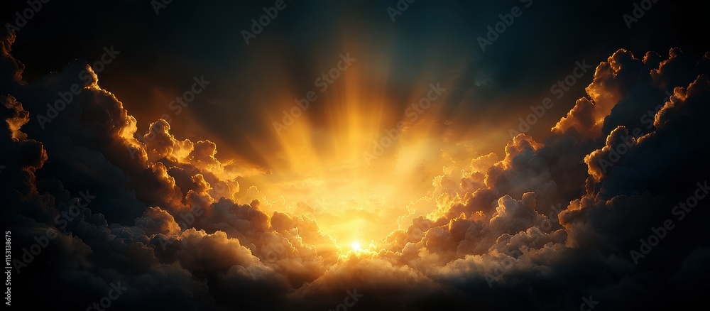 Fototapeta premium Majestic Sunrise Over Dramatic Clouds Illuminating the Sky with Warm Golden Rays